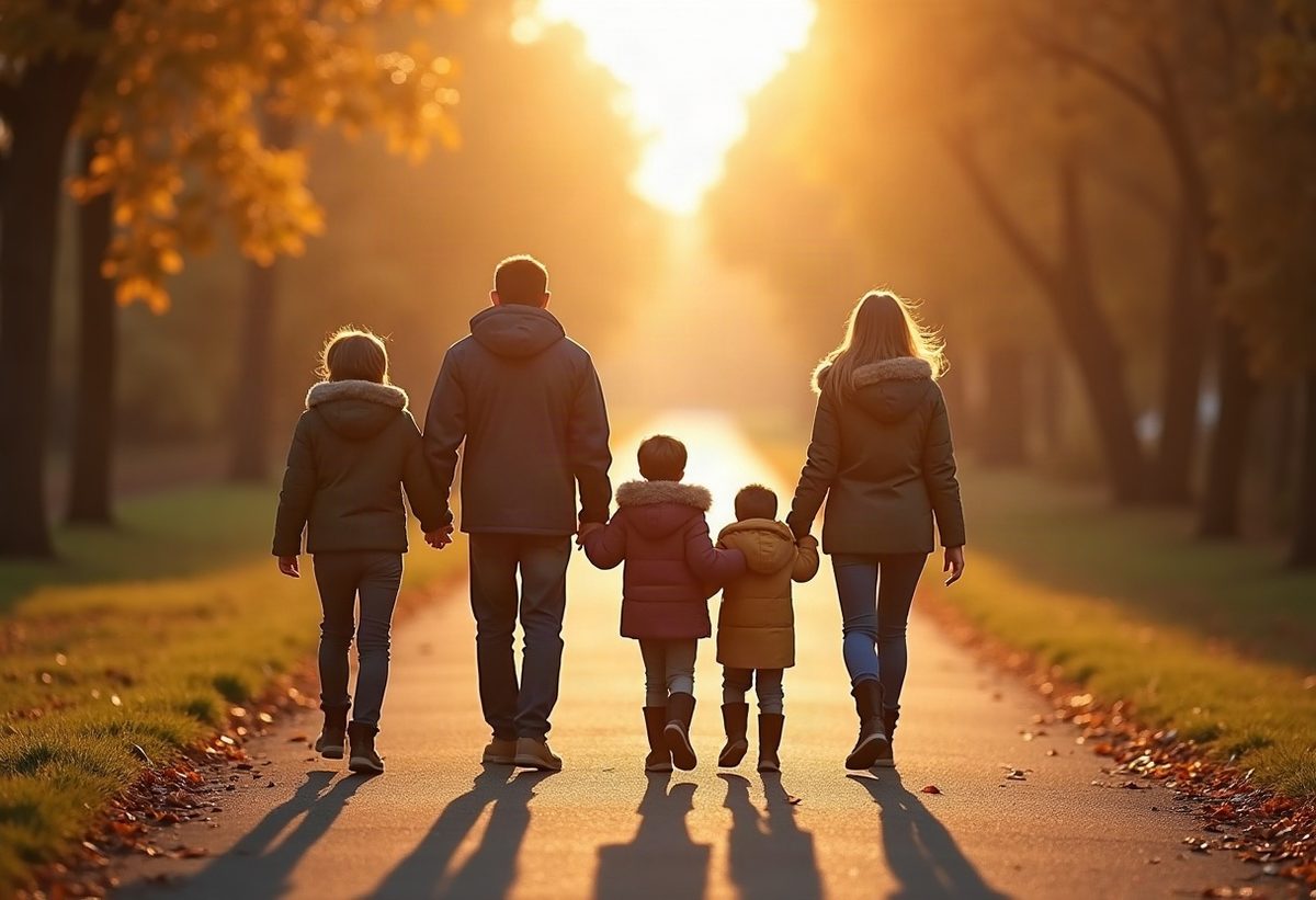 A family walking together on a park path at sunset