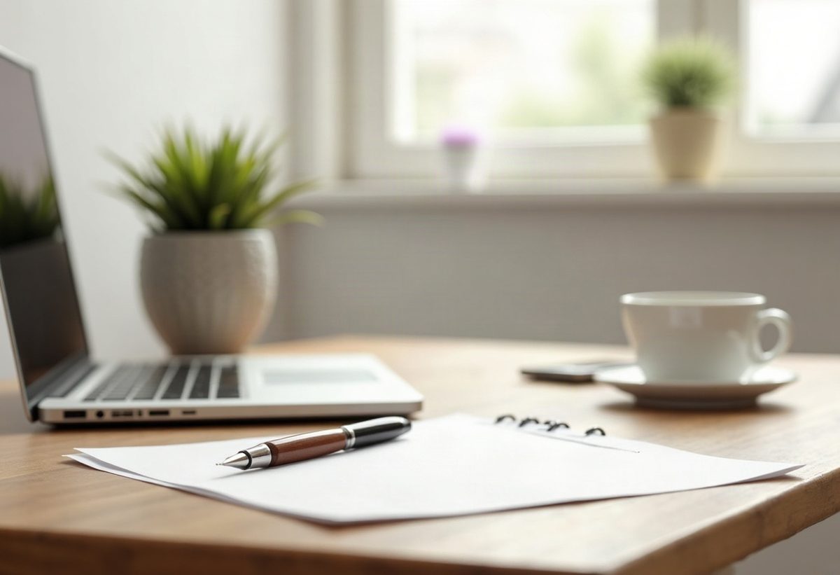 A calm home office desk in morning light